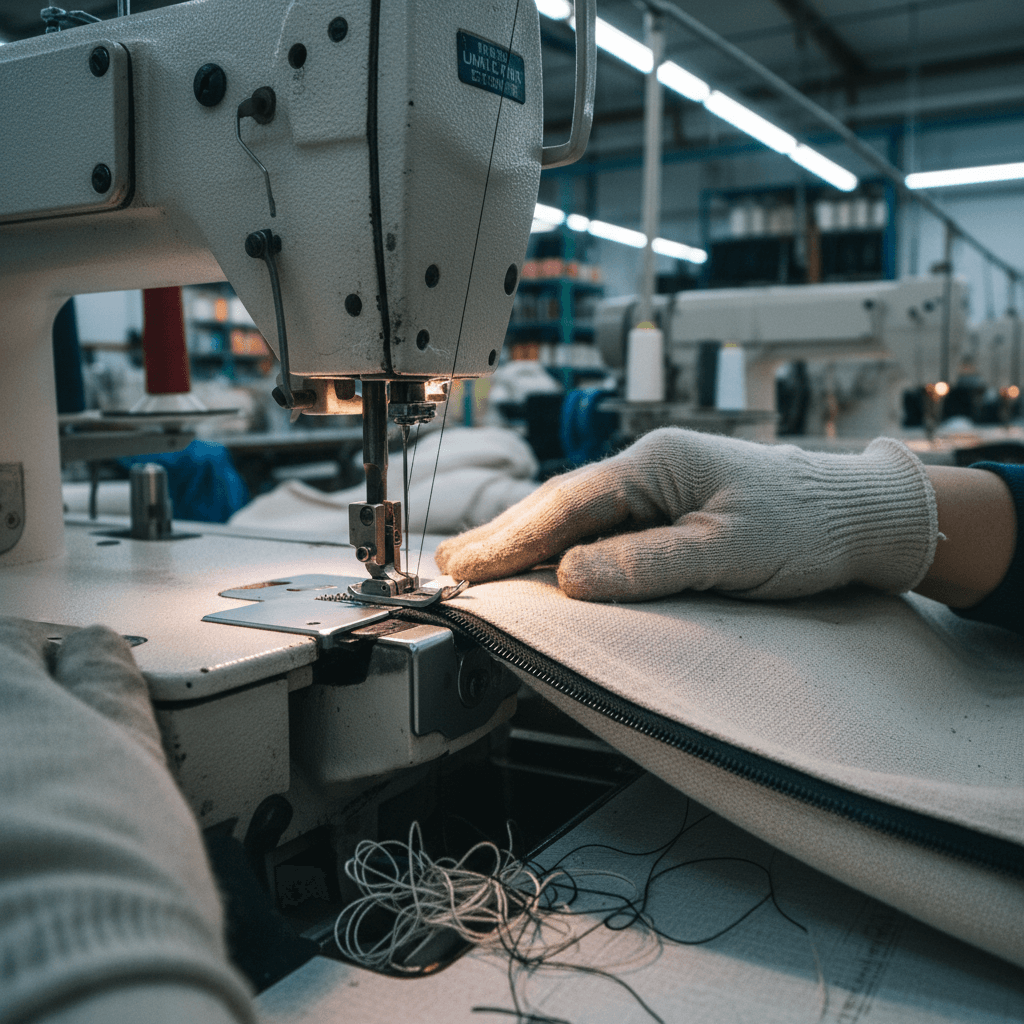 Worker's hands aligning a zipper on a canvas cosmetic bag at a sewing station