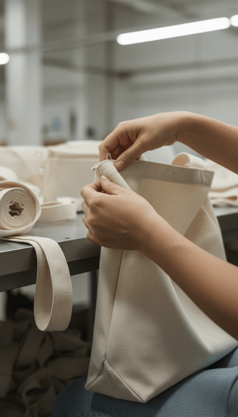 Worker inspecting a finished canvas tote bag on a production line