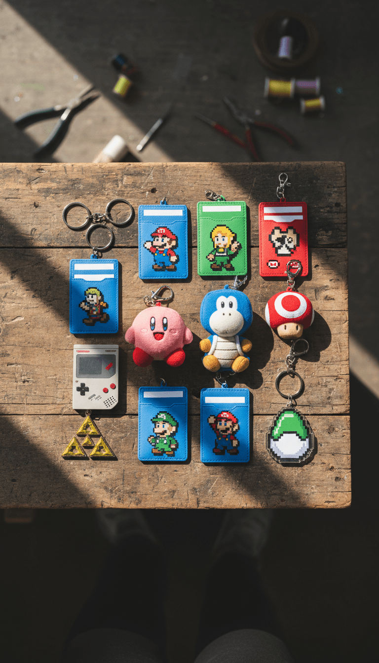 Nintendo themed accessories flat lay