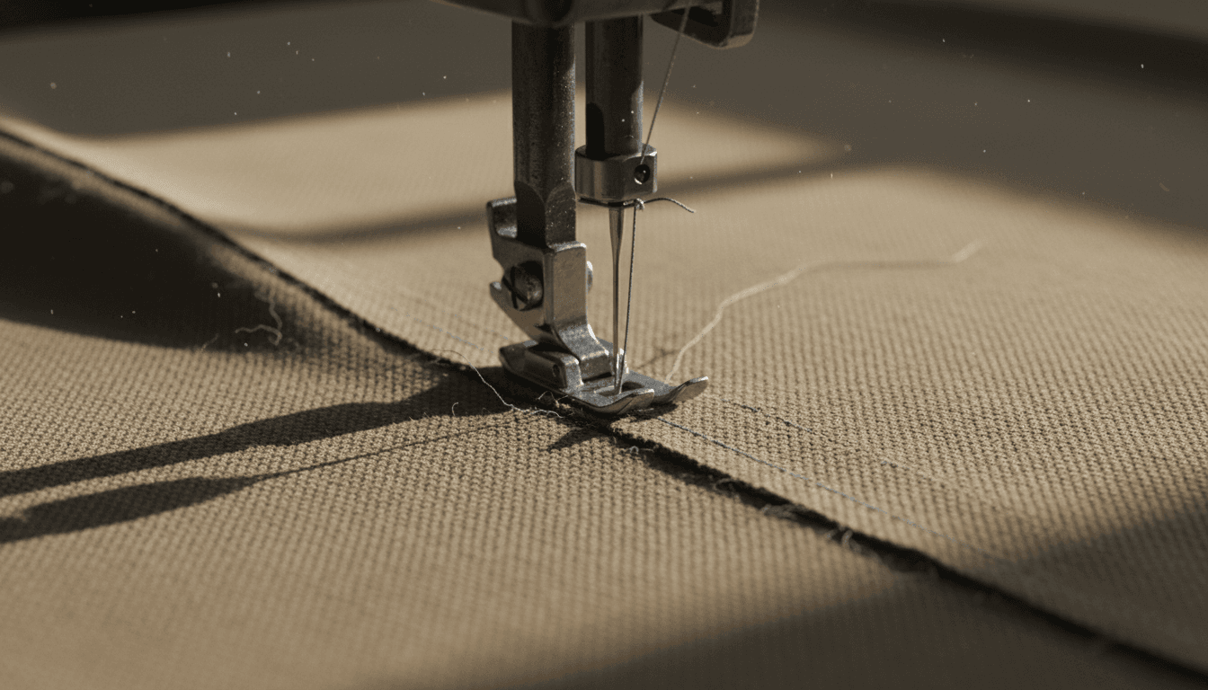 Close-up of a sewing machine needle stitching through heavy canvas fabric in a factory setting
