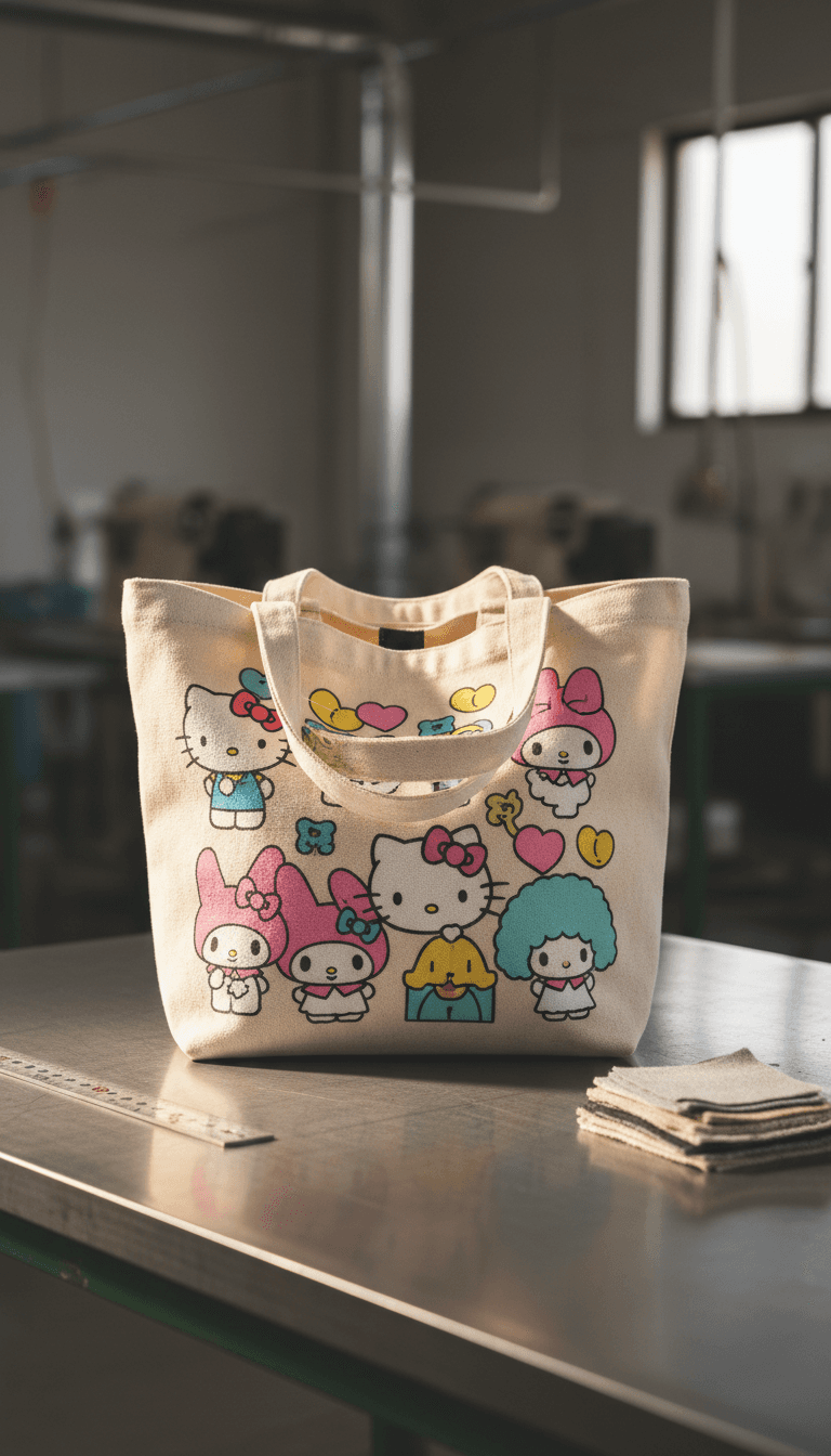 Sanrio printed canvas tote on production table