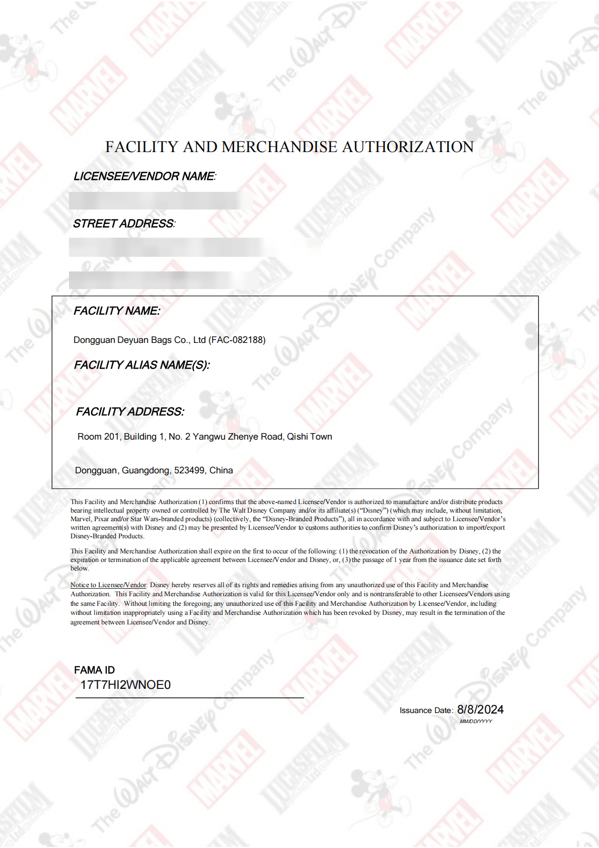 Disney Facility and Merchandise Authorization for Dongguan Deyuan Bags Co., Ltd, FAMA ID 17T7HI2WNOE0.