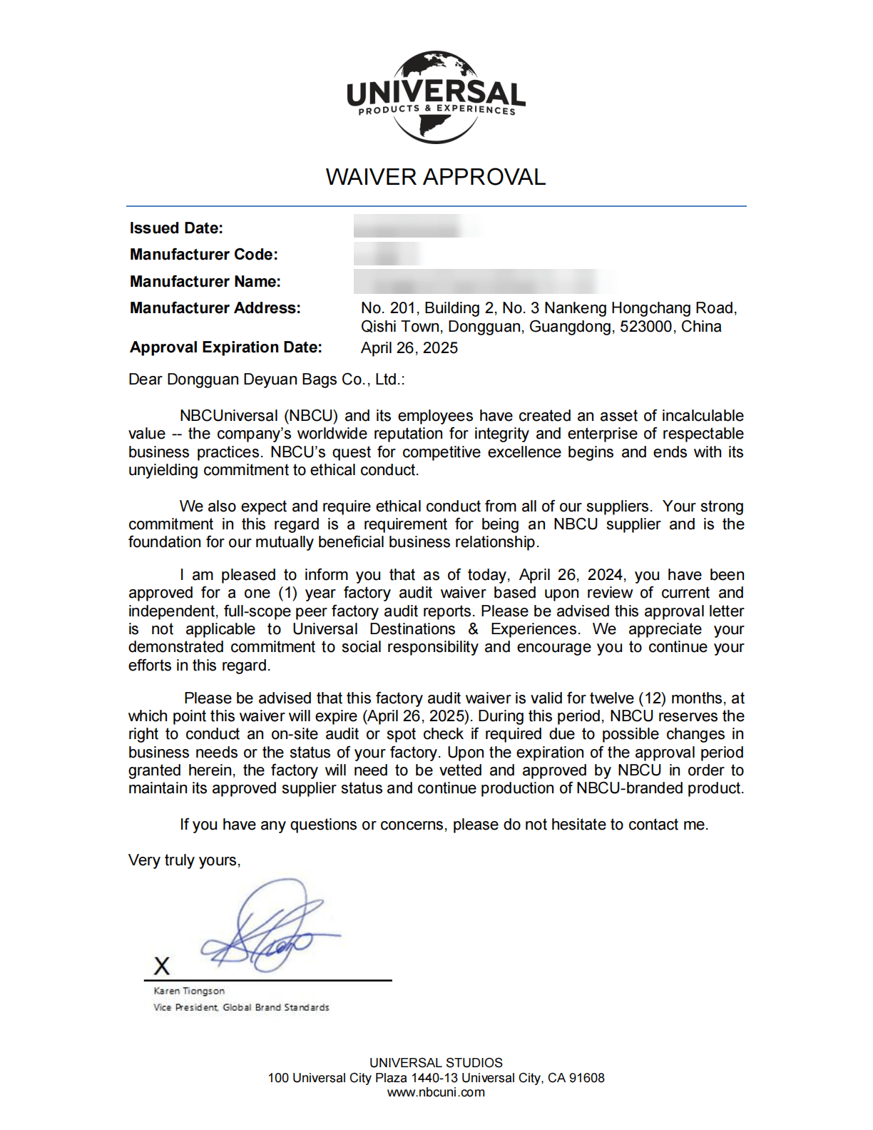 Universal Products & Experiences waiver approval letter for Dongguan Deyuan Bags factory audit.